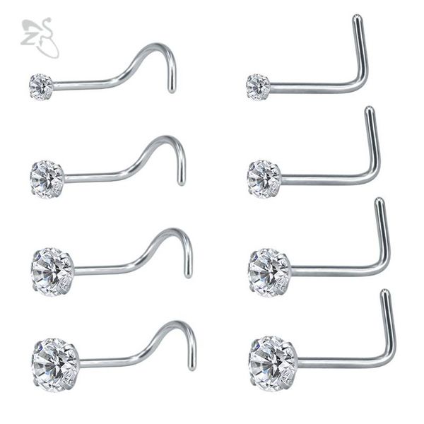 

zs 8 pcs/lost 316l surgical steel nose studs piercings nez l shape crystal nose rings zircon nostril piercing jewelry rings, Slivery;golden