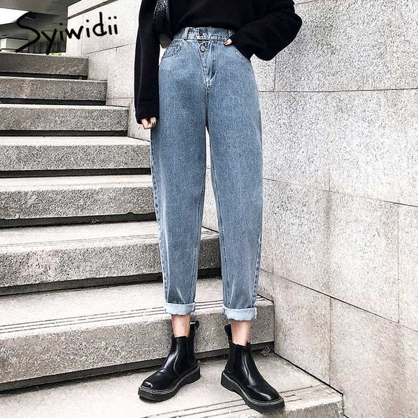 

plus size high waist jeans woman harem pants casual elastic waist boyfriend jeans mom womens clothing wide 2020 solid wash, Blue