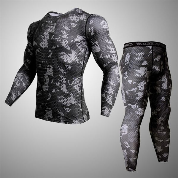 

mens camouflage compression suits sport leggings t-shirt pants 2pcs clothing set fitness ing, Gray