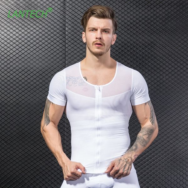 

lantech men stomach shapers bodybuilding shirt sports sportswear fitness running gym compression tights mesh zipper elastic, Black;blue