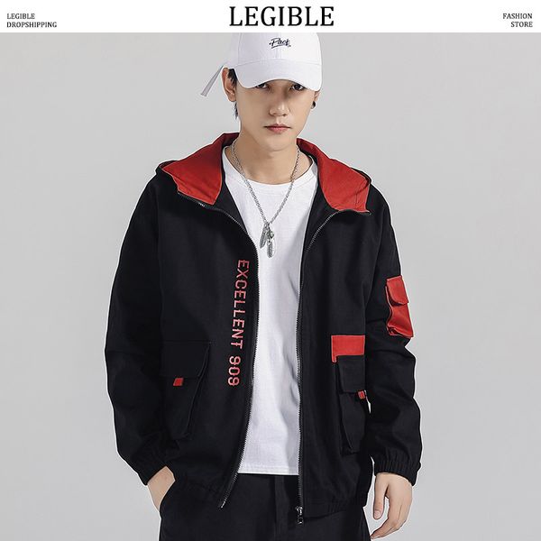 

legible 2019 new patchwork jackets mens harajuku zipper hat jackets male autumn windbreaker korean casual jacket, Black;brown
