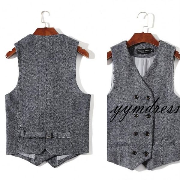 

double breasted gary groom vest slim fit wool herringbone tweed vests wedding waistcoat prom wear for man, Black