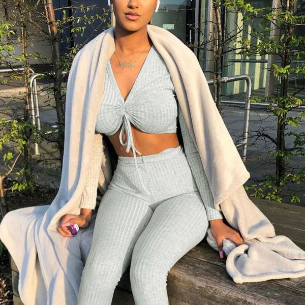 

women fashion solid color v neck knit crop yoga suit ladies female casual long pants tracksuit set outfits