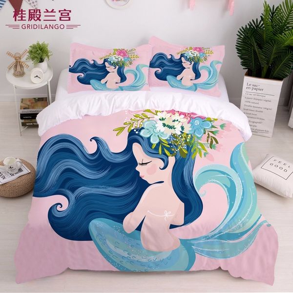 

blue mermaid princess bedding set cartoon cute pink printed blond girl duvet cover set bedclothes for kid home textiles dropship