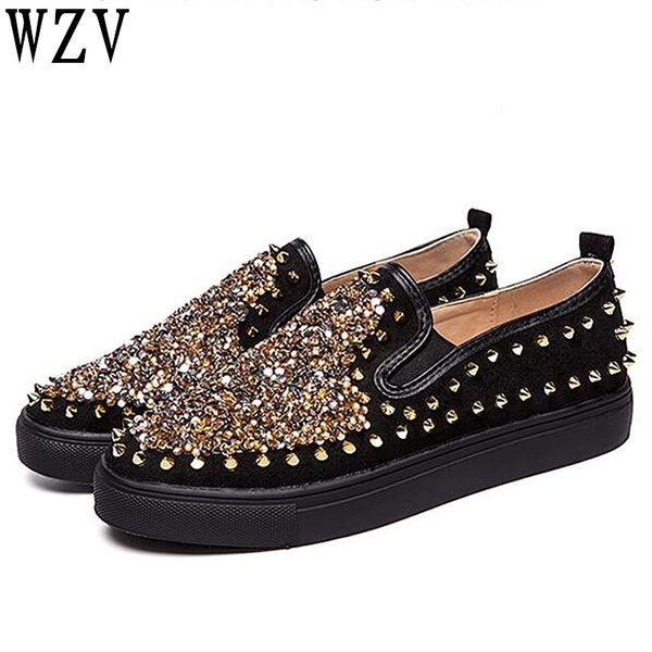 

new 2019 fashion women shoes rhinestone rivets casual shoes loafers woman ladies sneakers men e524, Black