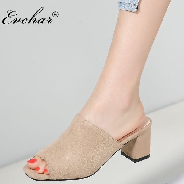 

evchar new fashion summer women shoes outside peep toe high heels slippers fish mouth square heels shallow slides big size 31-44, Black