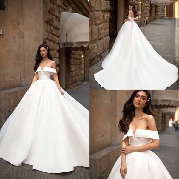 

2020 milla nova satin wedding dress a line off shoulder sweep train beach bridal gowns elegant custom made bohemia robes de mariÃ©e, White