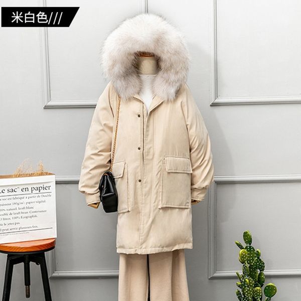 

thicken raccoon hair feathers down jacket white fur collar winter jacket women loose long parka section feather overcoat ls181, Black