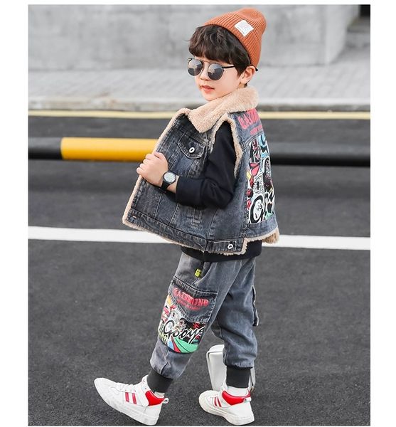 

kids boy clothes cartoon warm suit for the boy aged 3-13 years old girls boys winter velvet thicken clothing set 3 pieces, White