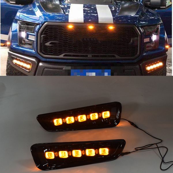 

ecahayaku car flashing 2 pcs drl led daytime running lights for f150 raptor 2017 2018 with turn signal yellow fog lamp 12v