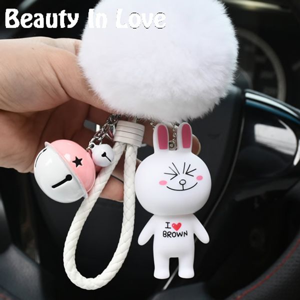 

cartoon rilakkuma bear brown cony animal kiki keychain women fur pom pom metal key chains car bag pendent charm d71, Silver