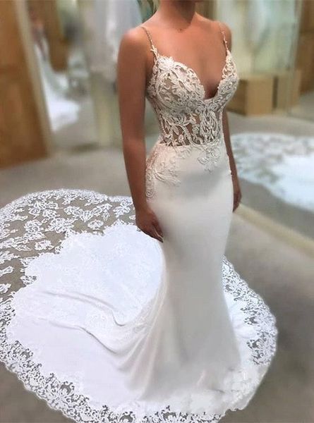 Nuovi abiti da sposa a sirena sexy senza spalline applicazioni 3D pizzo senza maniche backless pizzo cappella treno arabo personalizzato formale Bri312Y