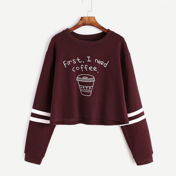 

fashion-lasperal letter print first i need coffee hoodies women 2018 autumn fashion long sleeve casual cropped sweatshirt pullover, Black