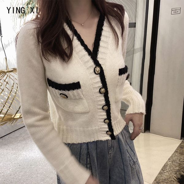 

women's knits & tees ying xi 2021 spring white casual single breasted cardigans v-neck long sleeve pockets patchwork knit women sweater
