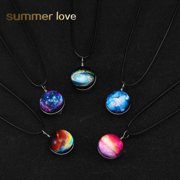 

fashion collares duplex planet stars ball glass necklaces galaxy pattern leather chain pendants necklace for womem men love gifts, Silver