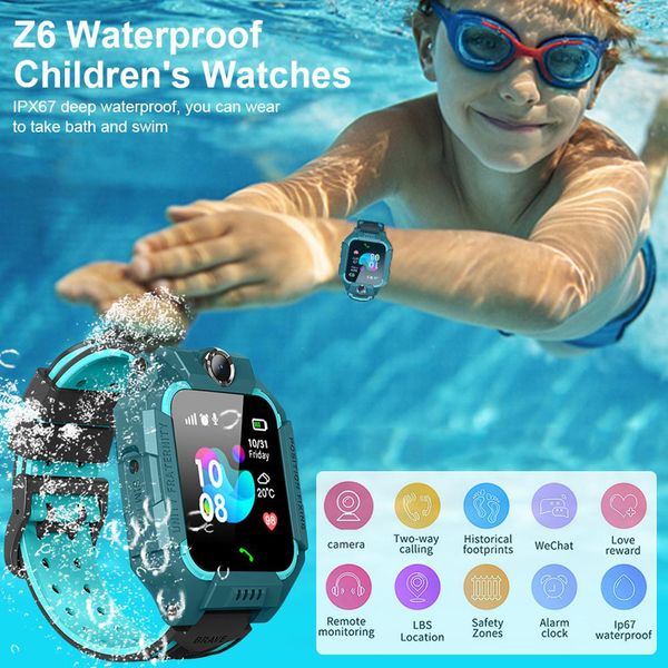 

new z6 children's phone camera anti-lost smart watch lbs tracker kids safe sos call hd for android ios ip67 waterproof wholesale, Slivery;brown