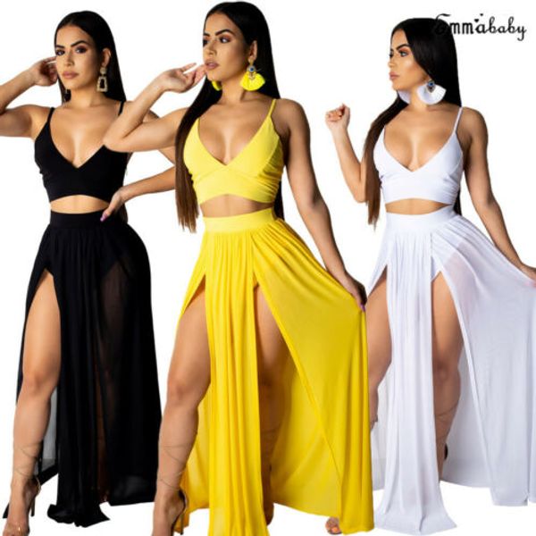 

2019 women dress summer beach deep v party dress maxi long skirt crop two piece set club party wear beach sunsuit plus size, White