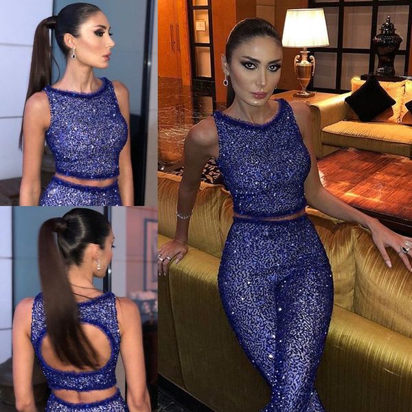 

2019 chic prom dresses two pieces pant suits with lace applique special occasion gowns hollow back slim fit robes de soirÃ©e, Black