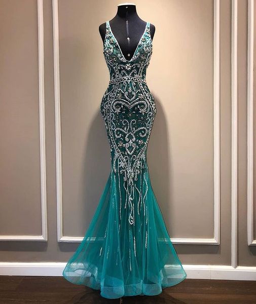 

Gorgeous Evening Gowns Beaded V Neck Elegant Prom Dresses Plus Size Party Dress vestidos festa Robes de fête Abendkleider
