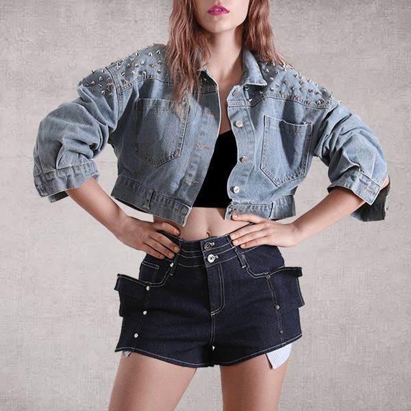 

2019 autumn designer metal rivet woman jeans coats long sleeve single breasted button pocket short denim jackets and coats, Black;brown