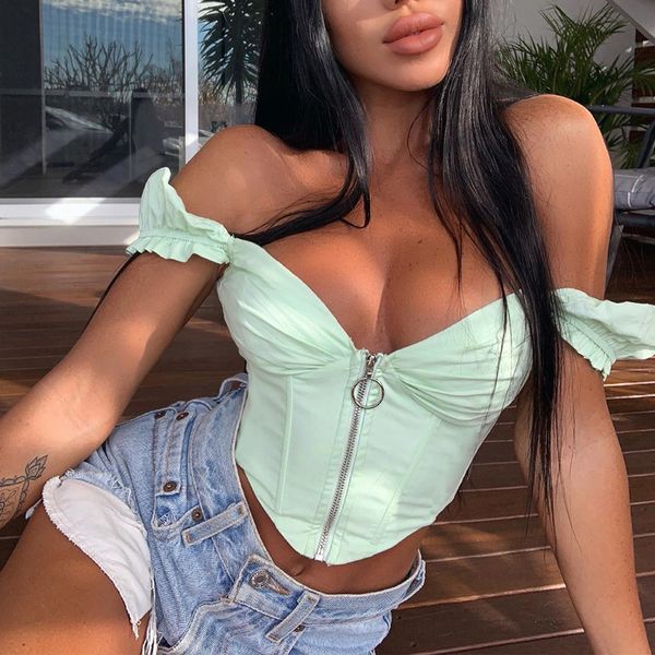 

deep v neck zipper patchwork solid crop summer fashion club party streetwear t shirt for women, White