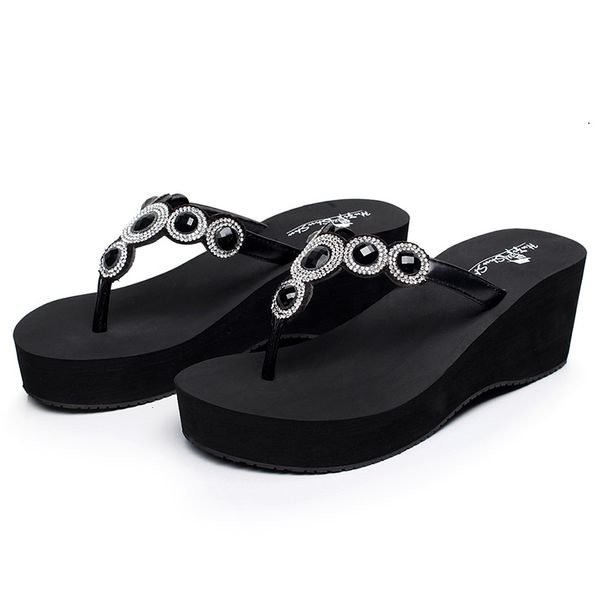 

womens flip flops diamond flats slippers beach shoes crystal outdoor platform sandals ladies casual fashion shoes, Black