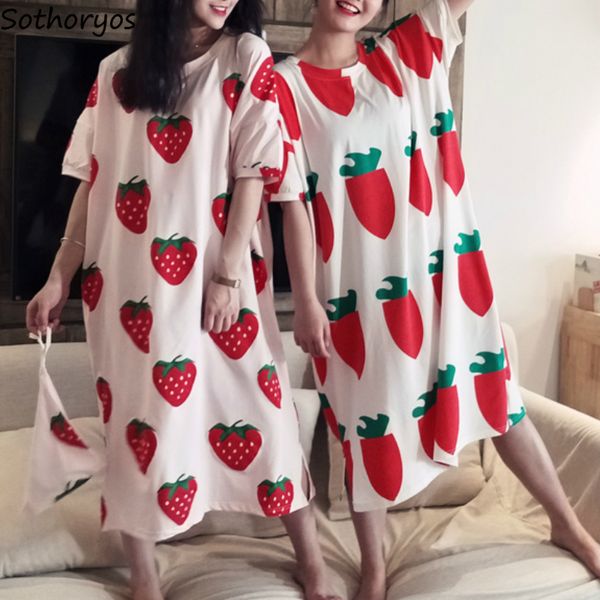 

nightgowns women printed lovely trendy oversize loose leisure korean style chic sweet nightwear students mid-calf sleepshirts, Black;red