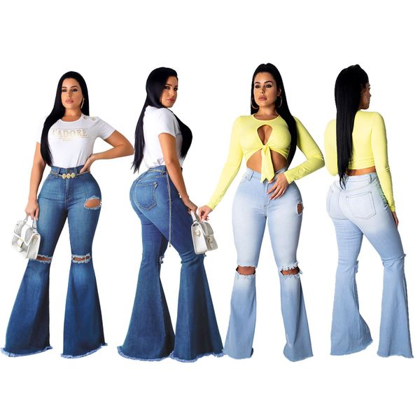 

fashion ladies denim pants women zipper knee hole design stretch bodycon club party casual bootcut flare bell bottoms long pants jeans, Blue