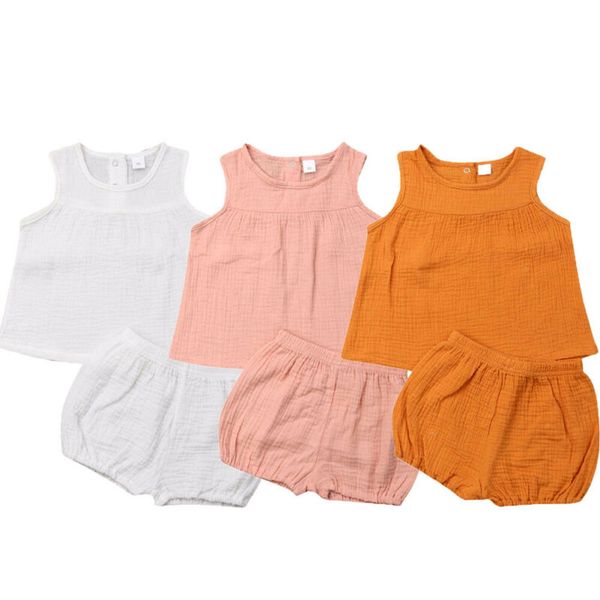 

summer baby girl clothes solid 2pcs outfits set t-shirt+shorts pants casual sleeveless girl kids clothes, White