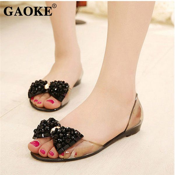 

women summer sandals transparent jelly shoes beach sandals lady cristal low heel peep toe flats woman flip flops, Black