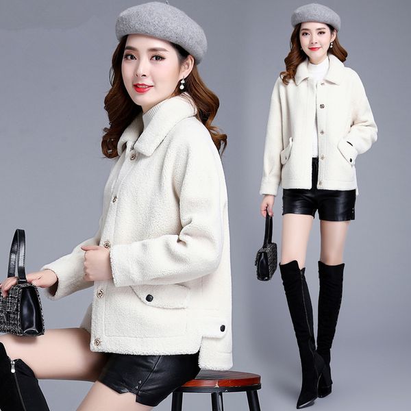 

women's fur & faux 2021 autumn winter short coat female sheep shearling jacket thick warm women coats pp107, Black