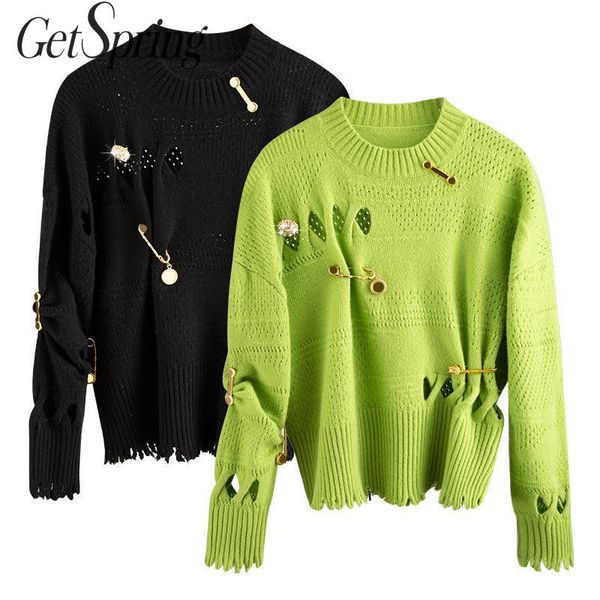 

getspring women sweater long sleeve hollow out knitted sweater drill metal pin pullovers loose women autumn winter 2019 new, White;black