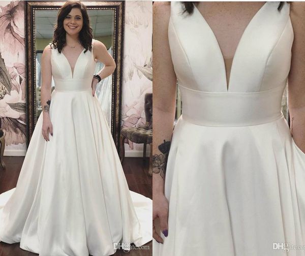 

2019 satin wedding dresses v neck a line sweep train custom made elegant country wedding dress bridal gowns with pocket, White