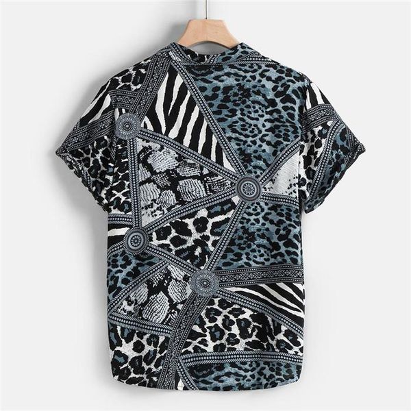 

panelled lapel neck short sleeve shirt men fashion casaul clothes mens vintage leopard summer shirts man designer, White;black