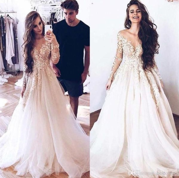 

2020 vintage long sleeves beach wedding dresses a-line v-neck appliques bridal gowns long tulle plus size country wedding dress bm1522