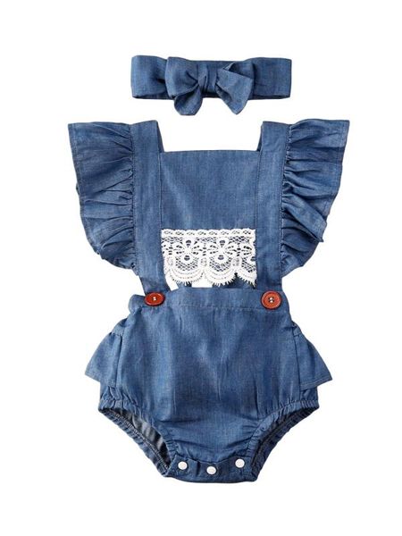 

0-24m summer baby girls boys denim bodysuits headband 2pcs ruffles short sleeve lace blue jumpsuits