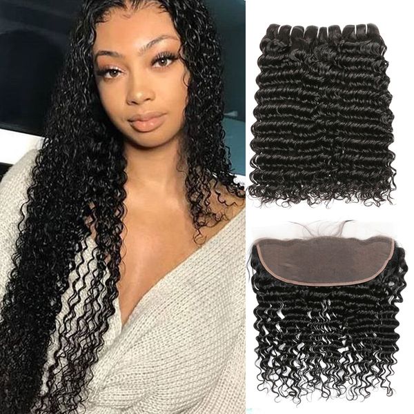 

deep wave bundles with frontal raw virgin indian hair 13x4 frontal with bundles human hair 3 bundles with closure remy hair extension beyo, Black;brown