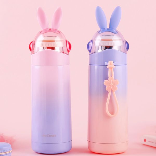 

student girl water bottle 350ml rabbit cap sport water bottles stainless steel insulated vucuum mug with rope