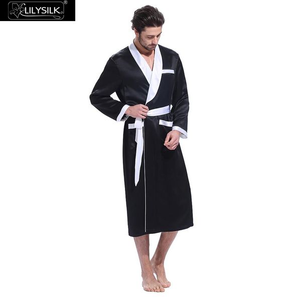 

lilysilk robe sleepwear kimono men pure 100 silk contrast color designer long sleeve pockets clearance sale ing, Black;brown