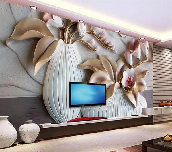 

mural custom wallpaper 3d papel de parede phalaenopsis embossed tv background wall living room decoration painting 3d wallpaper