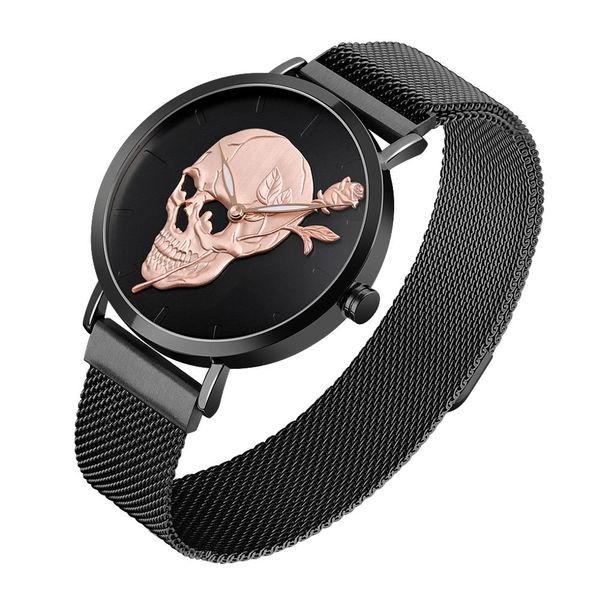 

skmei men's quartz watch skull men steel mesh belt skeleton watches male clock waterproof wristwatch luminous relogio masculino, Slivery;brown