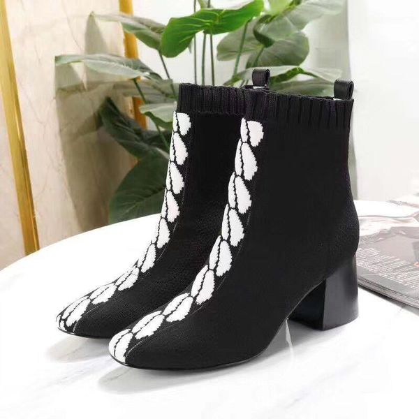 

2019 europe and america early autumn new elastic knit thick heel socks boots lazy high heels slim temperament women's booties, Black