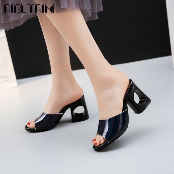 

ribetrini high heels dress shoes summer cool shining metallic women shoes 2020 summer slip-on heeled leisure, Black