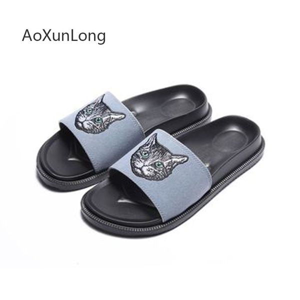 

men's slippers summer flat slippers embroidery suede cartoon cat head slides indoor home sandals outdoor men's beach flip flops, Black