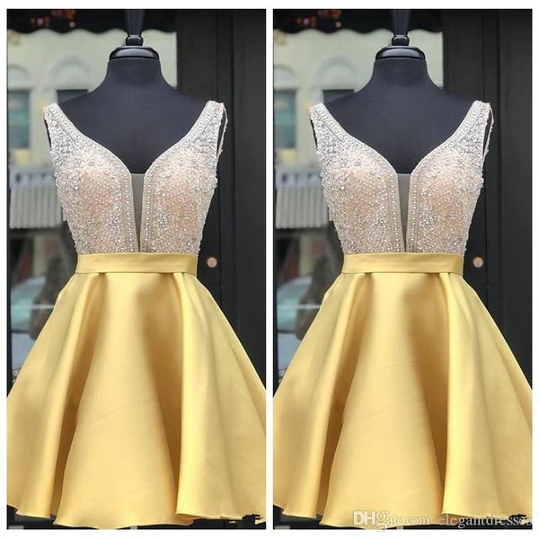 

sheer v-neck homecoming dresses a-line short formal sleeveless mini girls junior graduation party gowns satin robe de soiree beaded, Blue;pink