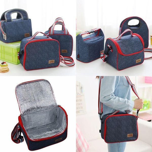 

denim lunch bag kid bento box insulated pack picnic drink thermal ice cooler leisure accessories supplies product stuff, Blue;pink