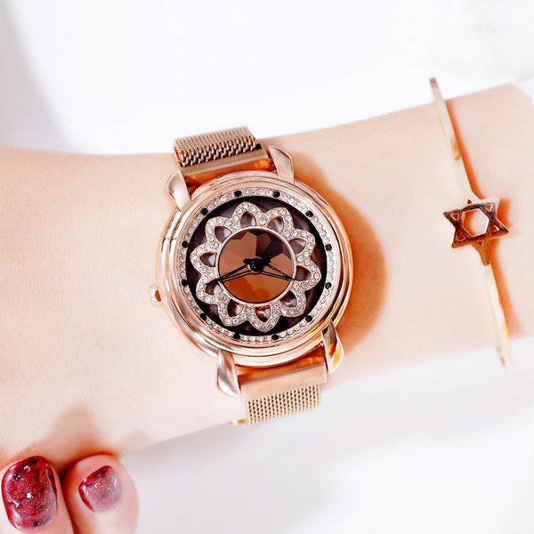 

fashion women coffee watches magnet clasp rotation ladies dress watch steel big dial bracelet watch crystal zegarek damski, Slivery;brown