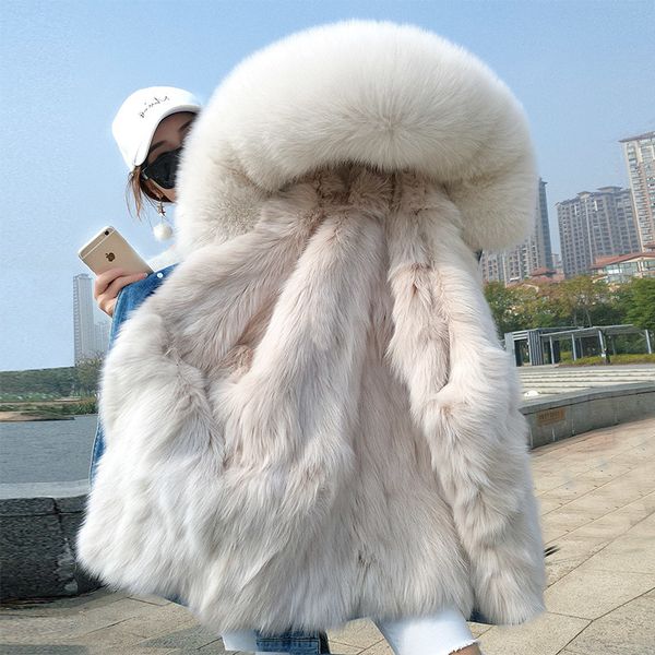 

denim jacket natural fox fur lined winter jacket long style raccoon big fur collar hooded women warm winter coat outwear parkas, Black