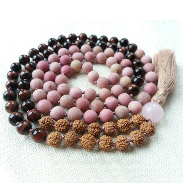 

8mm red tiger eye and rudraksha seeds mala necklace 108 mala beads hand knotted tassel necklace matte rhodonite, Silver