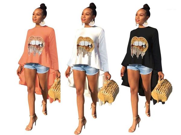 

pattern long sleeve hi lo tees womens casual womens designer sequins tshirts fashion lips, White